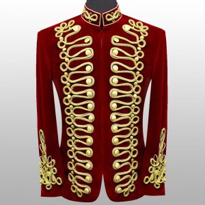 Men Braided Red Velvet Jacket Military Gold Braided Jacket Hussar Velvet Jacket