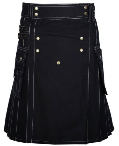 Men’s Fashion Cotton Black Utility Kilt with Bespoke Stitching