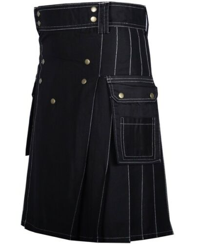 Men’s Fashion Cotton Black Utility Kilt with Bespoke Stitching1