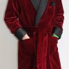 Men’s Long Smoking Jacket Maroon Velvet Quilted Smoking Robe Belted Dinner Gown