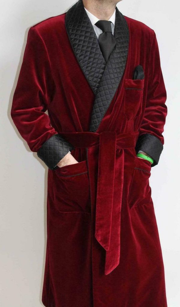 Men’s Long Smoking Jacket Maroon Velvet Quilted Smoking Robe Belted Dinner Gown