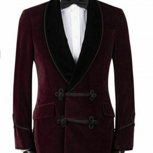 Men’s Maroon Vintage Velvet Smoking Jacket with Shawl Collar Dinner Jacket