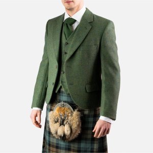 Men's Scottish Lovat Green Wool Argyle Kilt Jacket With Waistcoat Wedding Jacket