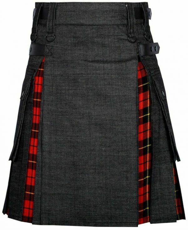 Modern Hybrid Black Denim & Wallace Tartan Kilt Handmade Hybrid Utility Kilt