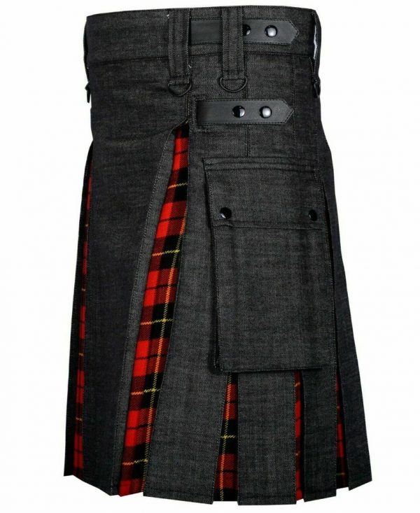 Modern Hybrid Black Denim & Wallace Tartan Kilt Handmade Hybrid Utility Kilt1