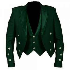 Prince Charlie Jacket Green With Lion rampant 3 Buttons Waist coat (Vest)