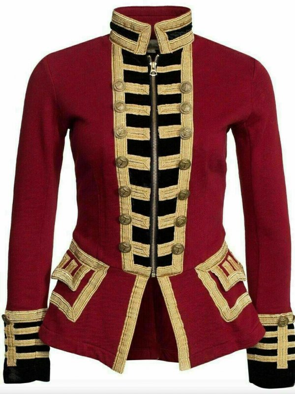 Womens Red Wool French Terry Officer’s Military Band Jacket