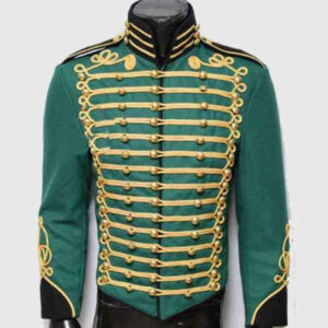 Men Green British Military Hussar Jacket Gold Braiding