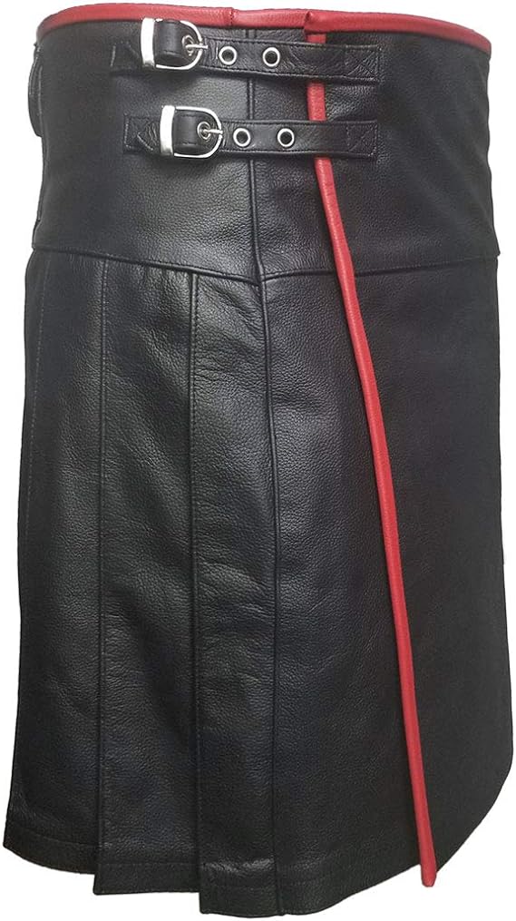 Mens Black Leather Pleated LARP Utility Kilt Flat Front Pocket Wrap Style