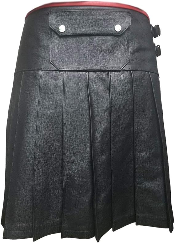 Mens Black Leather Pleated LARP Utility Kilt Flat Front Pocket Wrap Style2