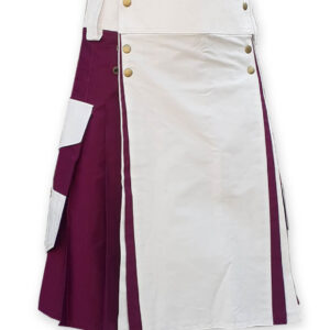 WHITE AND BURGUNDY COTTON UTILITY KILT