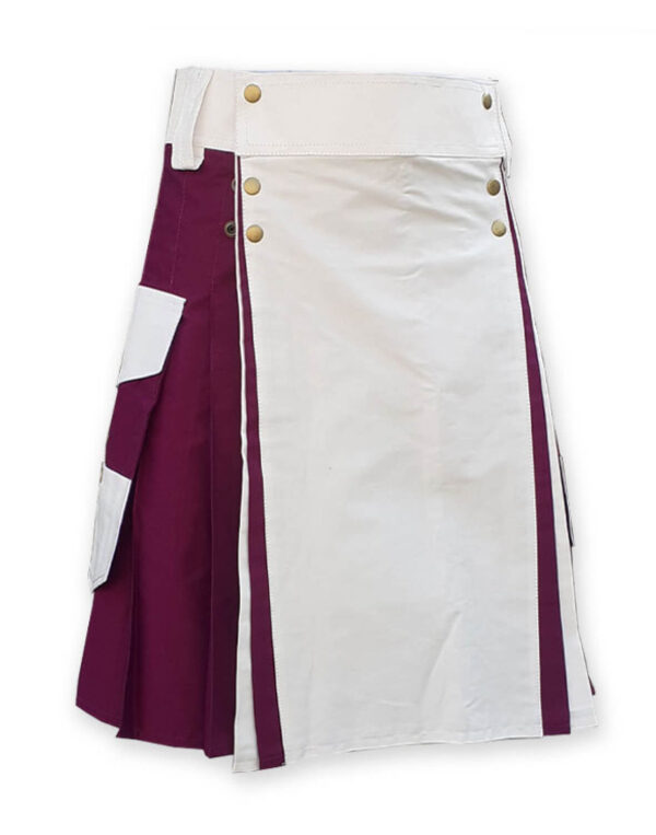 WHITE AND BURGUNDY COTTON UTILITY KILT