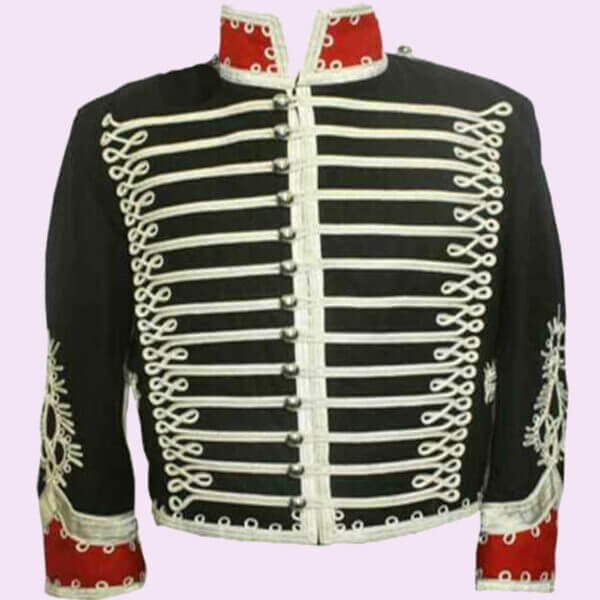 Men Black Hussar Military Drummer Silver Braid Jacket