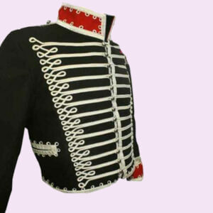 Men Black Hussar Military Drummer Silver Braid Jacket